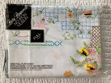 VTG Lady Pepperell No Iron Muslin Blue Pink Flowers Stichery Full Flat Sheet NEW