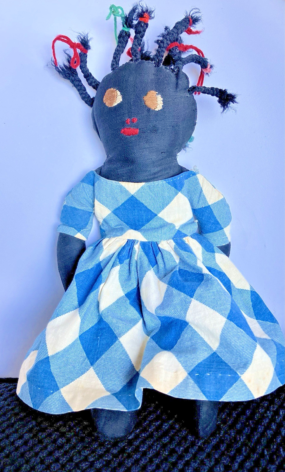 Vintage Handcrafted Cotton Cloth Black Folk Art Soft Doll Blue Dress