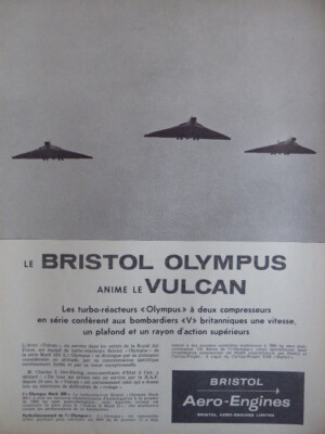 4/1958 PUB BRISTOL AERO ENGINES OLYMPUS MARK 100 AVRO VULCAN V BOMBER FRENCH AD