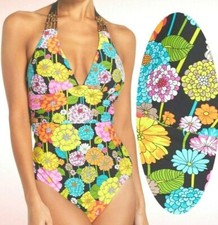 Trina Turk Santiago Floral Print Strappy Beaded Halter One Piece Swimsuit