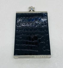 Vintage Flat Pocket Flask Black Faux Leather Stainless Steel Rectangular 36