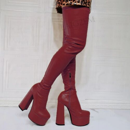Women Thigh High Boots Elastic Platform Block Chunky Heels Boots Over Knee Side - Picture 1 of 22