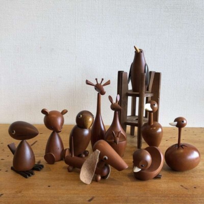 木製動物置物セット ブラウン　まとめ売り　こけし　レトロ　ヴィンテージ Senshukai Royal Pet All 20 types Wooden Animal Figurine Vintage