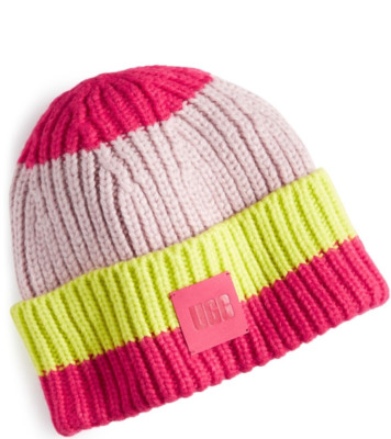 UGG women's Chunky Rib Knit Logo Patch Beanie hat - one size - Cerise multi