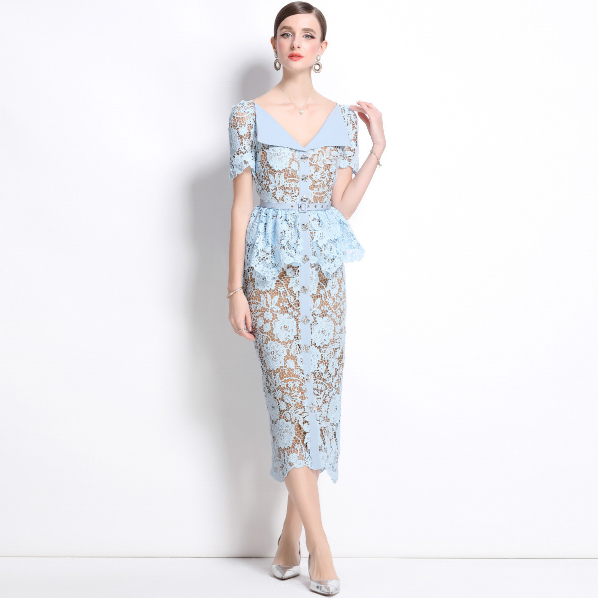 Womens Lace Dress French Elegant Buckle Slim Fit Short Sleeved Hollow Lace Dress | eBay Womens Lace Dress French Elegant Buckle Slim Fit Short Sleeved Hollow Lace Dress | eBay