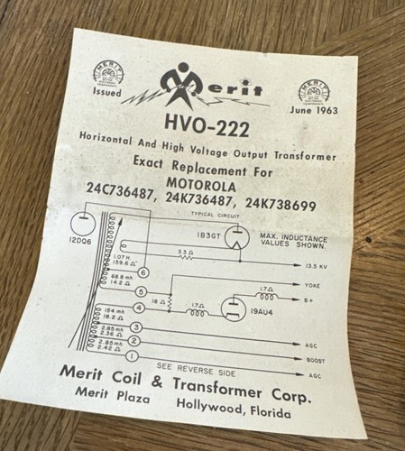 VINTAGE HIGH VOLTAGe TRANSFORMER MERIT HVO-222 FOR MOTOROLA ANTIQUE TVS Horiz Ou - Picture 7 of 11