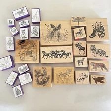 Wild Animal Rubber Stamp Wood Mount Lot Deer Horses Panda Bear Tiger Wildlife 