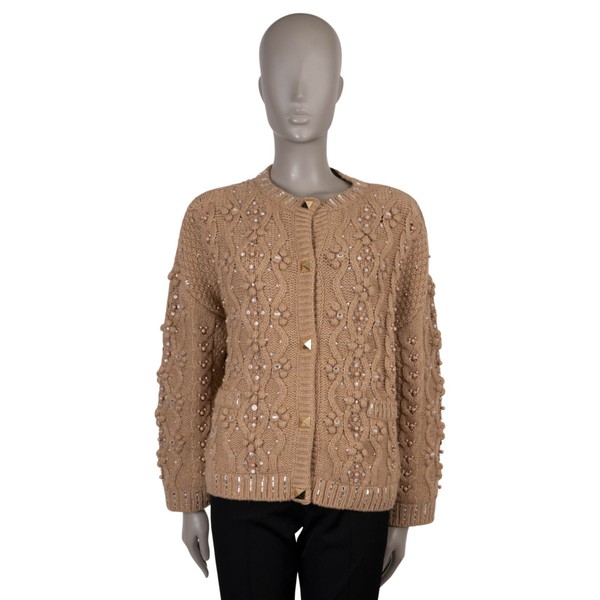 73932 Auth VALENTINO Beige Camel Hair 2022 CRYSTAL CABLE KNIT Jacket S