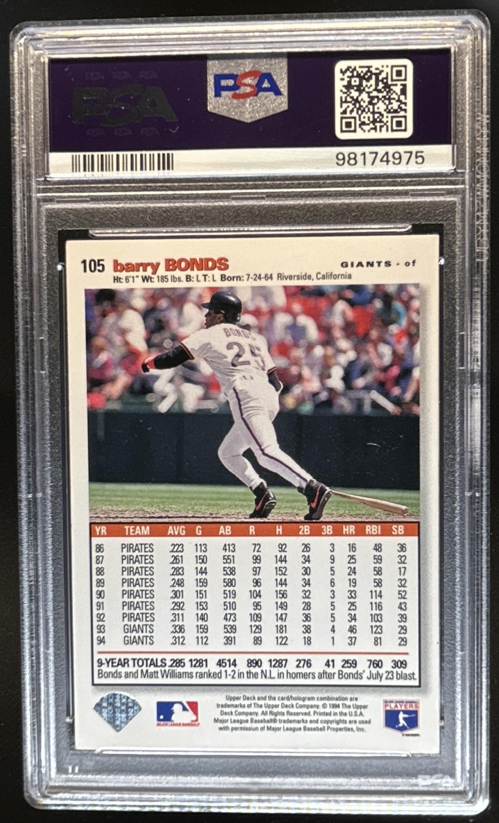 1995 Upper Deck Collector's Choice SE Barry Bonds Silver Signature #105 PSA 4 view 2