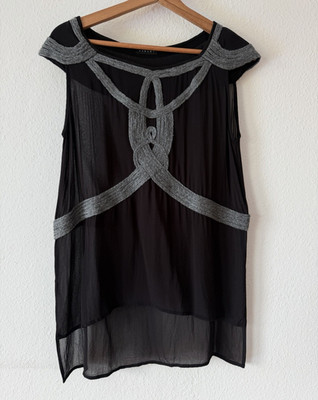 Sisley Damen Chiffon Bluse S ärmellos transparent Schwarz/Grau Rundhals Zierband