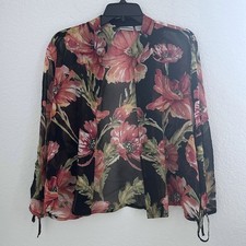 Chicos 100 Silk Sheer Open Front Jacket Womens 1 Black Floral Artsy Boho