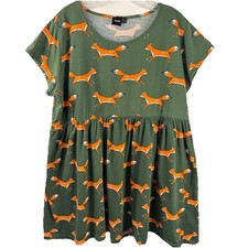 asos Smock Dress Green Red Foxes 100% Cotton Indie Quirky Cute Cottage Sz 12