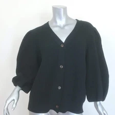 G. Label by goop Foster Puff Sleeve Cardigan Black Ribbed Wool Size Extra Large