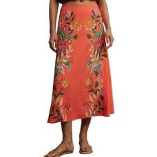 Farm Rio Slip Midi Skirt Medium M Orange Coral Tropical Colorful Vibrant Boho