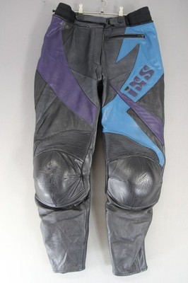 IXS BLACK, SILVER, BLUE & PURPLE LEATHER BIKER TROUSERS WAIST 32''/INSIDE LEG 27''
