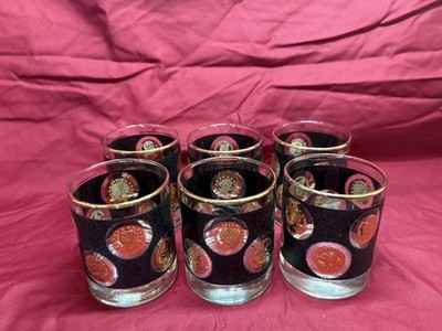 1960 Libby Black Textured 22k Gold Coin Design Old Fashion Glass Set Of 6