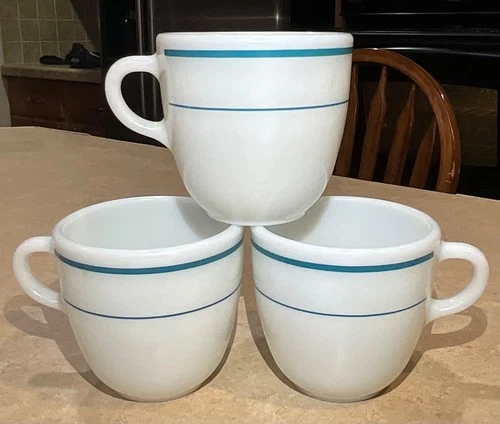 Vintage Milk Glass Cups Pyrex Corning Set of 3 Teal Striped 723