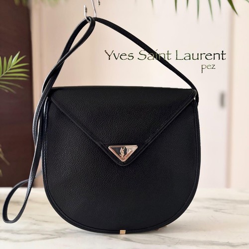 YSL Yves Saint Laurent Black Leather Shoulder Crossbody Bag Gold Logo Auth