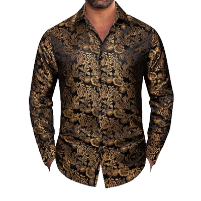 Ties2you Black Gold Paisley Button Up Silk Long Sleeve Men's Shirt, S