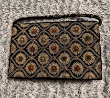 Wunderschöne Kleine Damen Tasche Handtasche Samt Schwarz mit Perlen Top Zustand