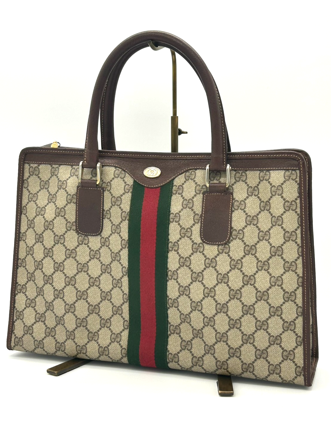 Vintage Gucci Sherry Line GG Briefcase Business Bag PVC Leather Brown Authentic