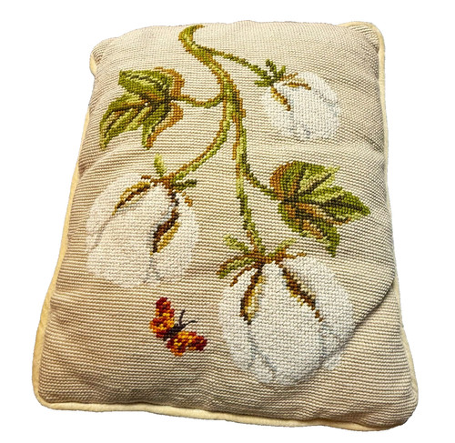Needlepoint Cotton Bolls and Butterfly Decorative Pillow Cushion 12.5 x 15.5 in.