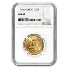 1918 Mexico Gold 20 Pesos MS-64 NGC