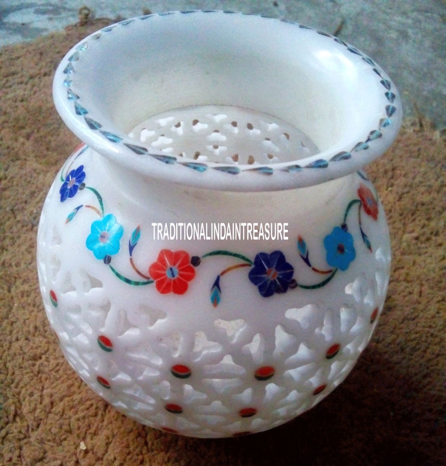 Filigree Marble Flower Pot Floral Inlay Design