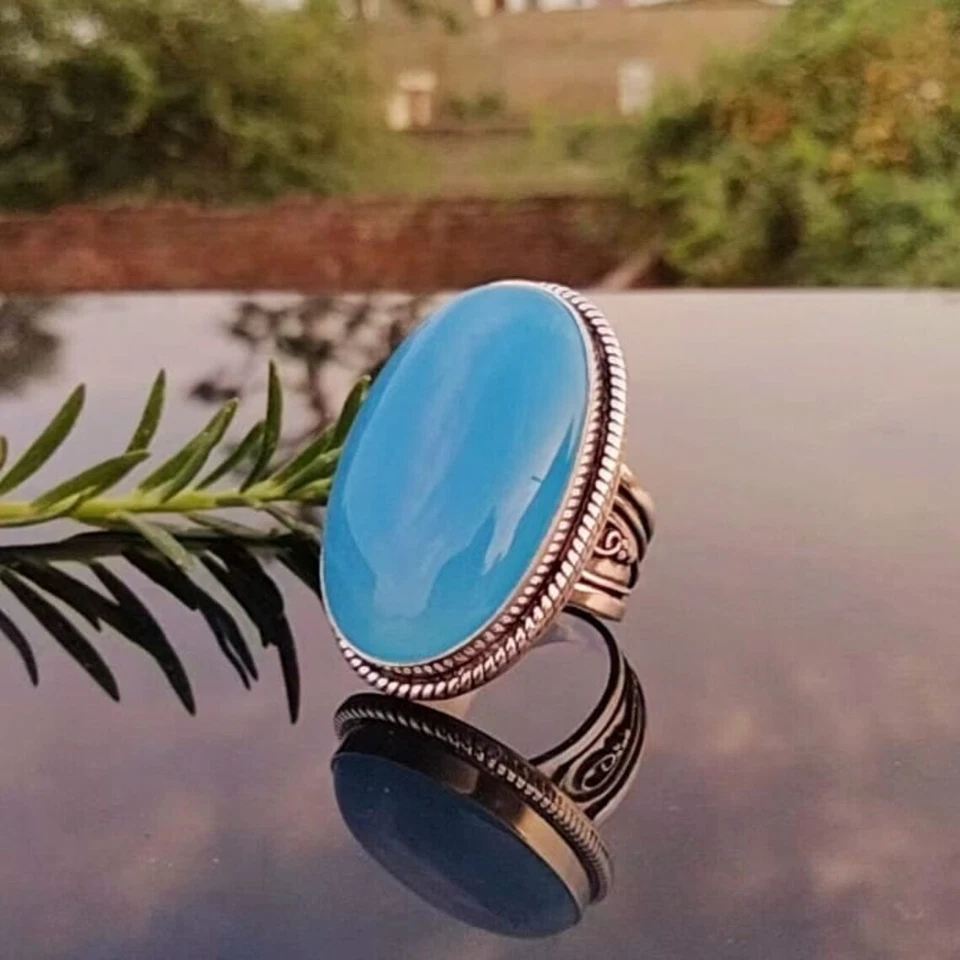 Sottile Blu Calcedonio Gemma 925 Argento Sterling Mano Anello Tutti Misura H-29 - Immagine 2 di 3