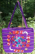 Maya Mexican Hand Embroidered Zipper Tote Bag Chiapas Rainbow Sun Moon Purple