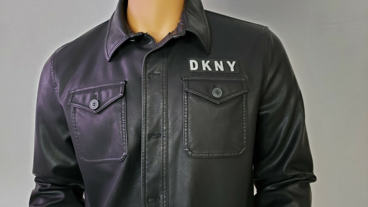 DKNY Mens Faux Leather Shirt Jacket Warm Quilted Lined Black With