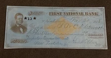 FIRST NATIONAL BANK OF KENDALLVILLE, INDIANA 1878 USED CHECK ON BLUE PAPER