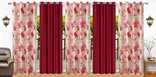 New 5 Piece Grommet Eyelet Plain and Floral Door Curtain Set - 7 ft