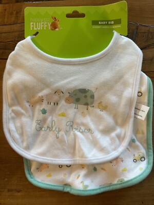 Happy Go Fluffy  Early Riser  Set Of 2 Bibs White And Green 0-12M. NEW