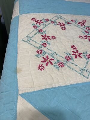 Vintage Quilt Embroidered 78x83 Hand Quilted Blue | eBay