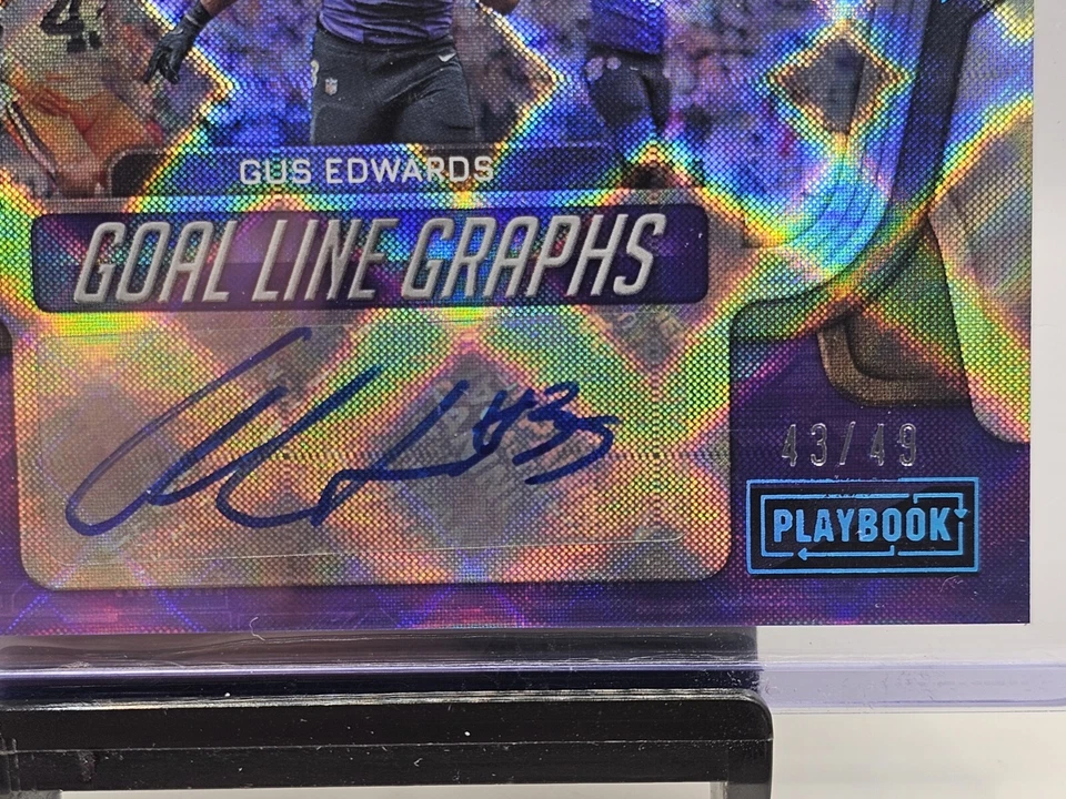 2022 Playbook Gus Edwards Goal Line Graphs AUTO #/49 Blue Foil Baltimore Ravens  - Image 2 of 3