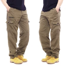 New Mens Cargo Combat Work Trousers Pockets Cotton Loose Machine Washable Pants