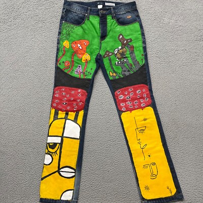 Custom Painted Jeans Mens 34x34 Psychedelic Evil Eye Straight Leg