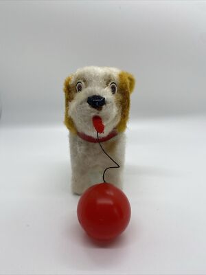 Vintage Japan Wind Up Dog with Red Ball - Spinning Tail - WORKS