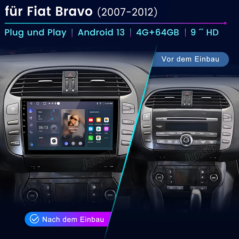 2+64G 9" Autoradio Für Fiat Bravo 2007-2012 Android 14 GPS Navi WIFI BT FM RAS - Bild 2 von 4