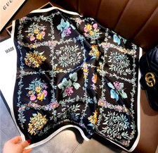 26"X26"Black Flowers Print Pure Mulberry Satin Silk 12momme Scarf 65x65cm4-79