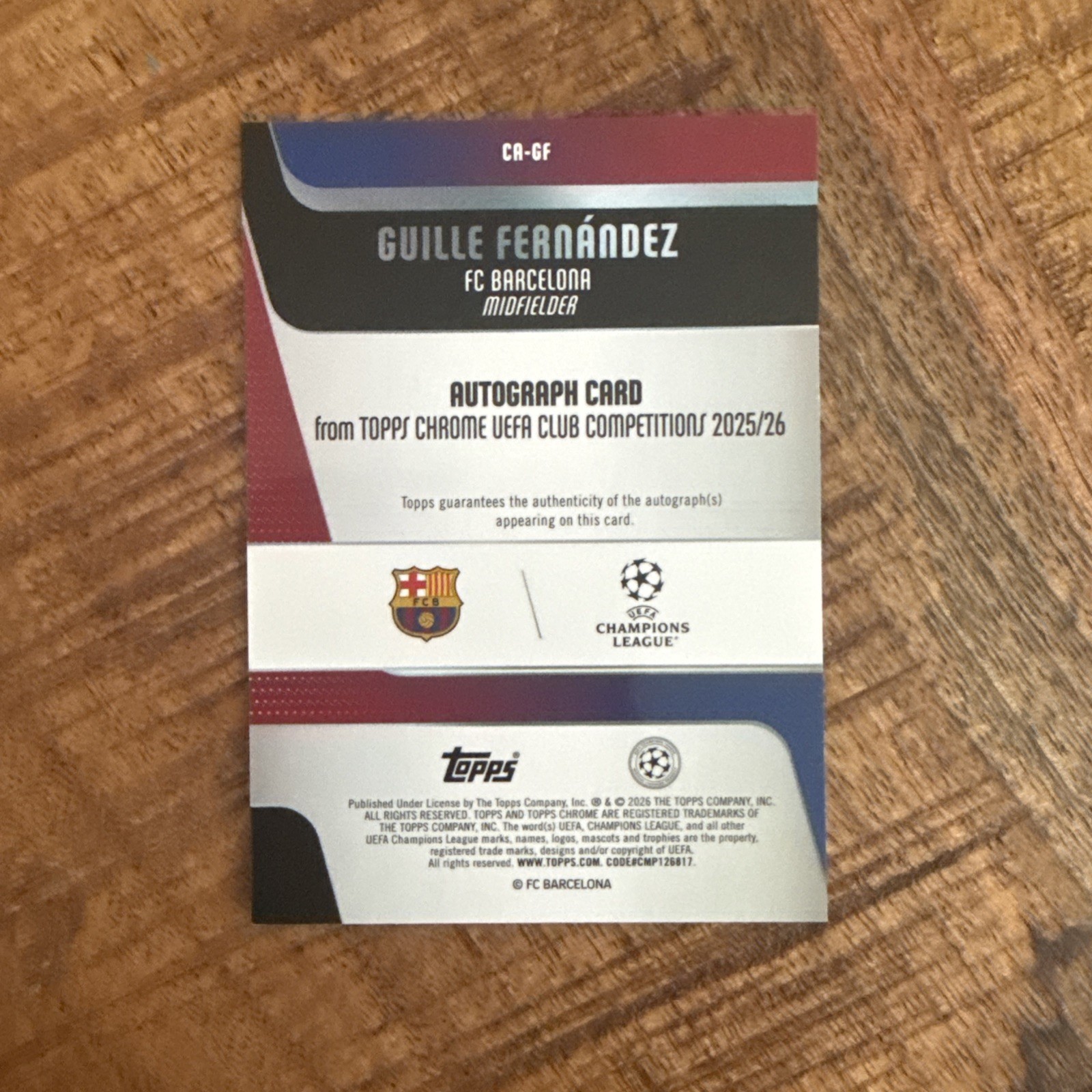 2025-26 Topps Chrome Guille Fernandez Rookie Refractor Auto UEFA Barcelona view 2