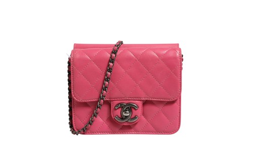 Chanel Pink Quilted Lambskin Leather Classic Square Mini Flap Bag 100% Authentic