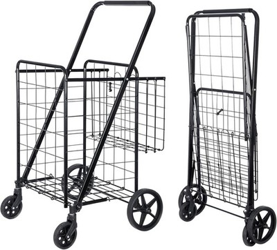 Folding Shopping Cart  Grocery Cart with Double Baskets Swivel Wheels Max 110LBS