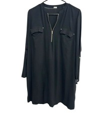 Black Zipper Front Long Sleeve Shift Dress Chest Pockets Foldable Sleeves