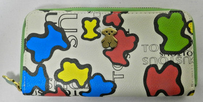 TOUS Leather zip around clutch wallet w/ Teddy Bear abstract 8'' x 4'' Women