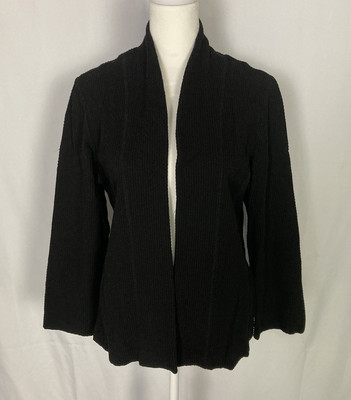 EILEEN FISHER Sz Medium Dottie Luck Open Cardigan Waffle Textured Knit Black EUC