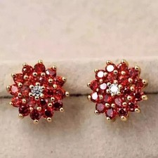 Red Ruby Stud Earrings 2Ct Round Cut Halo Lab Created 14k Yellow Gold Plated