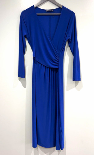 M&S Collection Blue Wrap Midi Dress UK 10 V-Neck Long Sleeve Jersey Stretch