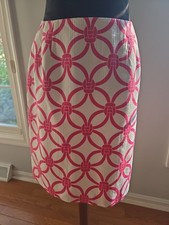 Talbots Coral Pink White Knot Geo 100 Cotton Pencil Skirt Sz 8 Fully Lined
